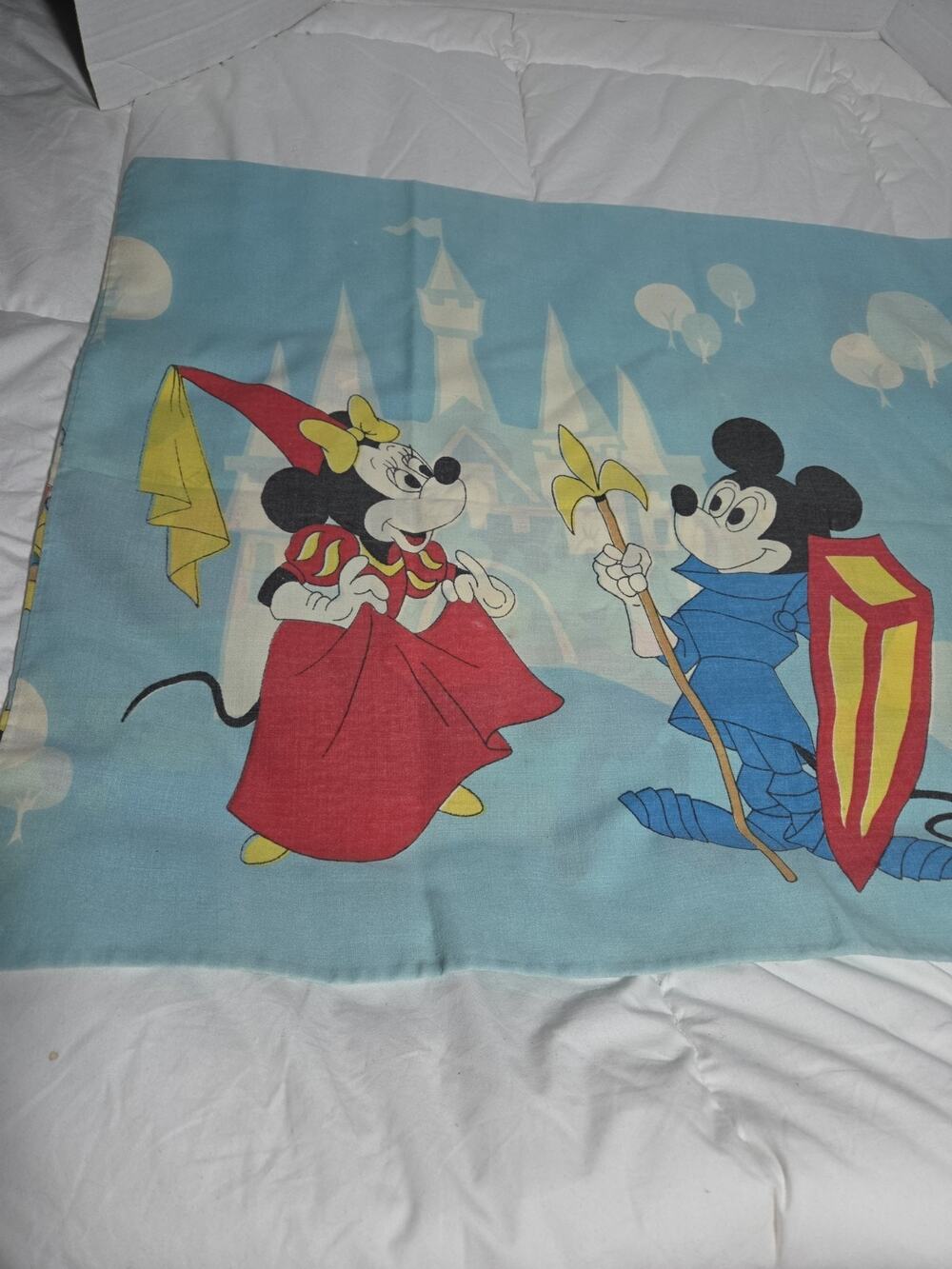 Disney 70s Mickey Mouse Frontierland Blue Pillowcase Knight Princess Vtg Cham